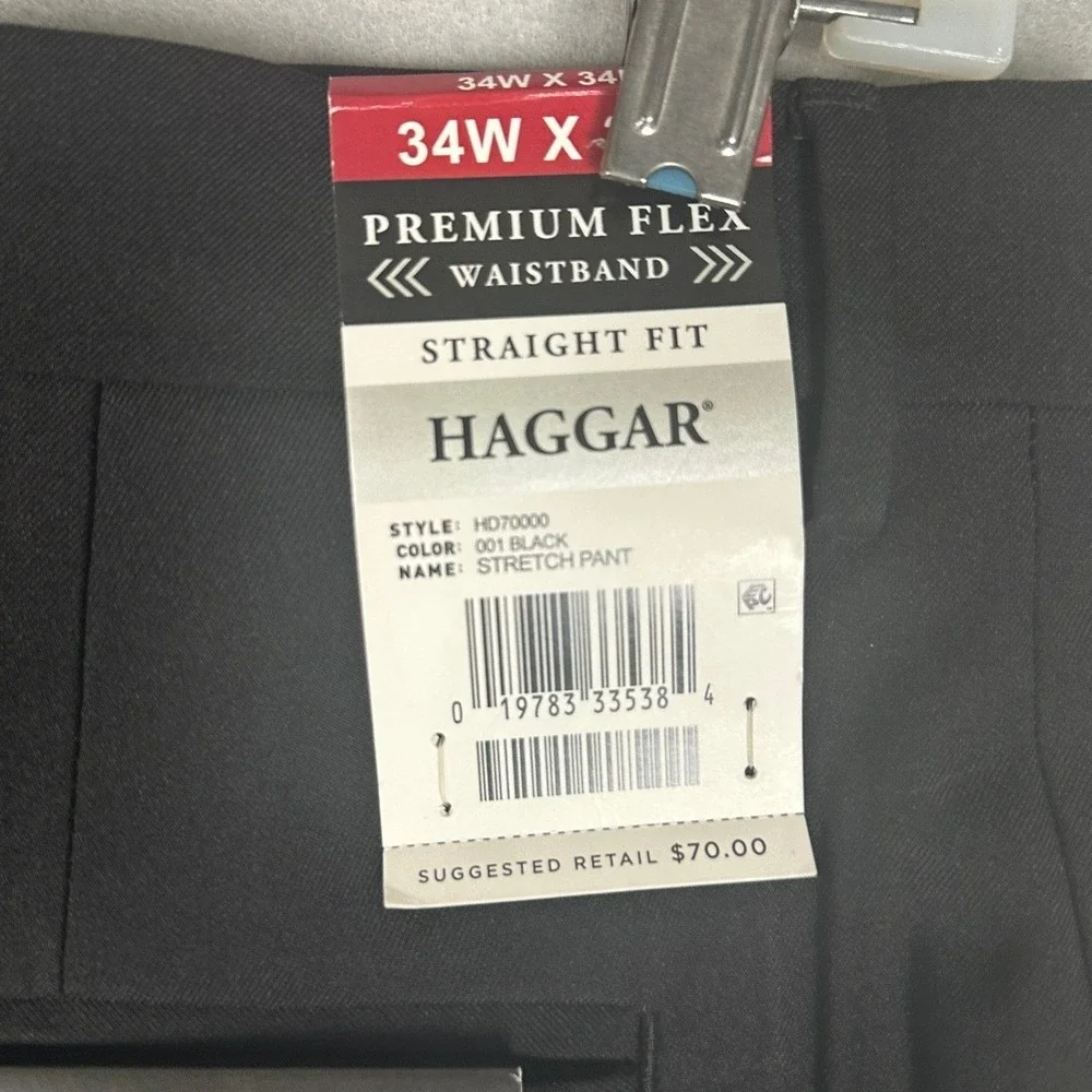 NEW Haggar Pants Mens 34X34 Black Performance Comfort Straight Fit Flat Front